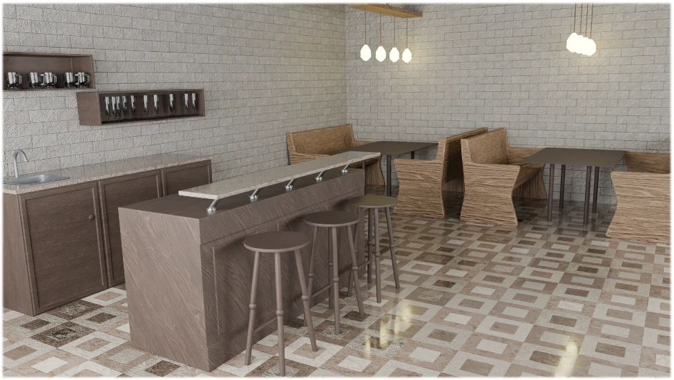 Wide view of the modelled bar